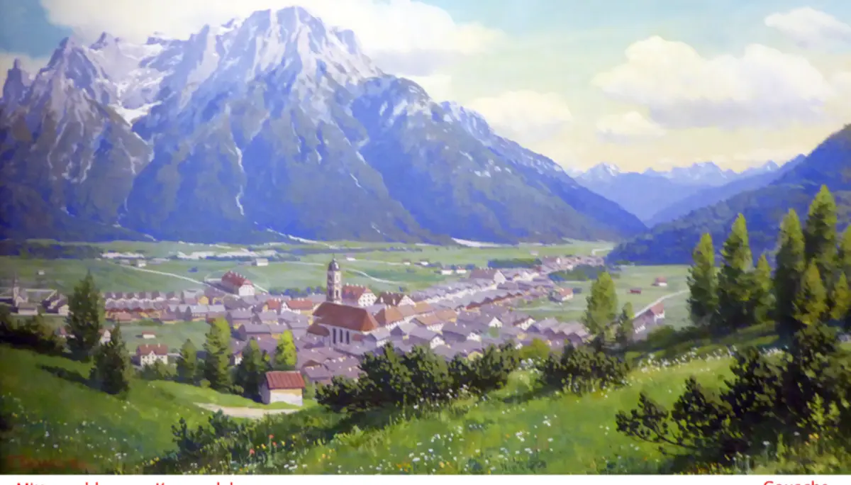 Das Dorf Mittenwald gegen den Karwendel  | © Public Domain – Rudolf Reschreiter (†1939)