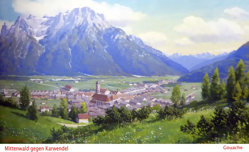 Das Dorf Mittenwald gegen den Karwendel  | © Public Domain – Rudolf Reschreiter (†1939)