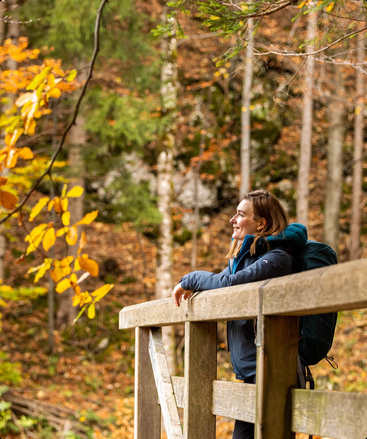 Wandern im Herbst: Eine Frau genießt die herbstliche Stimmung in den Bergen. Das Laub ist bereits bunt verfärbt | © DAV / Franz Günther